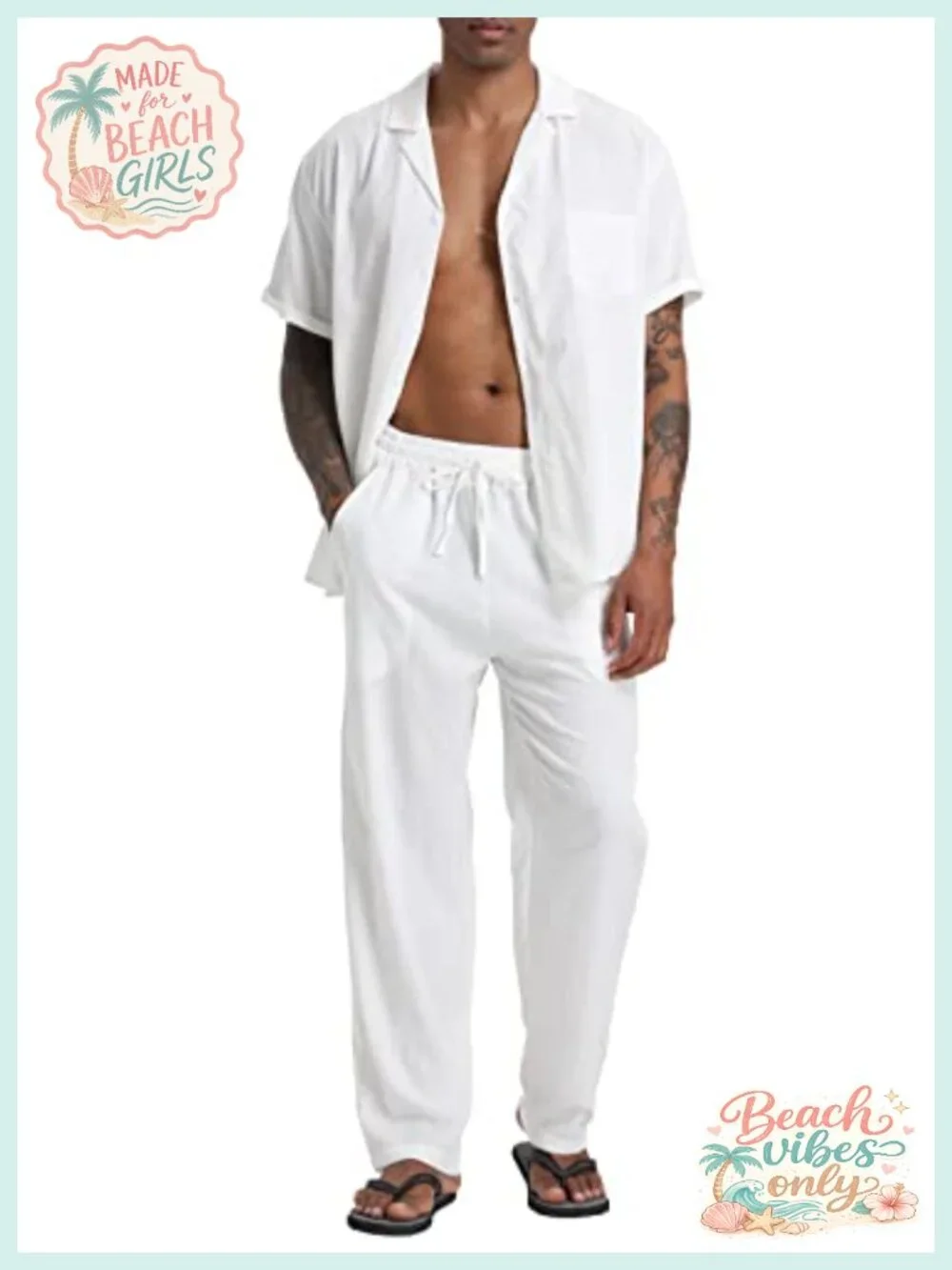 Men's Linen 2 Piece Outfit Set Short Sleeve Camp Shirt & Drawstring Pants